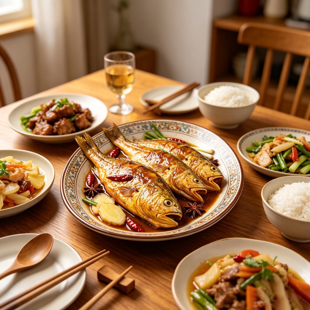 Pan-fried yellow croaker with sides