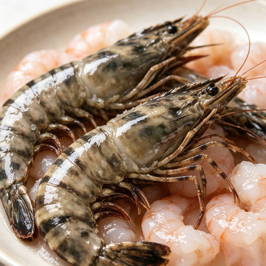 Raw tiger prawns on ice