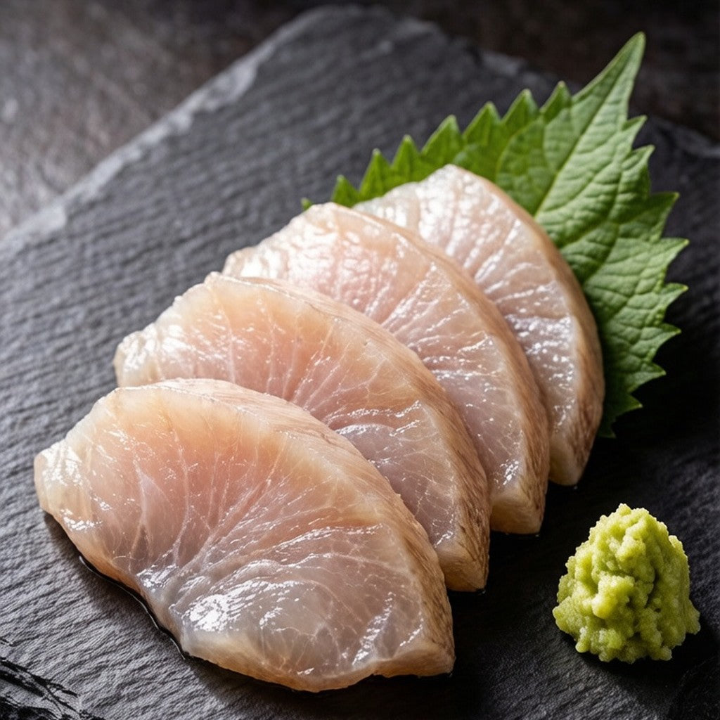Sliced abalone sashimi on a slate board
