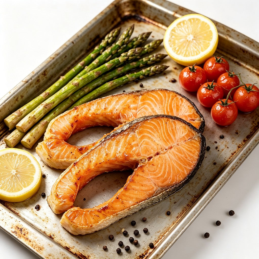 Raw salmon steaks on a tray