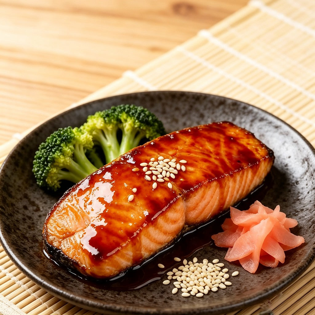 Glazed salmon on a dark plate