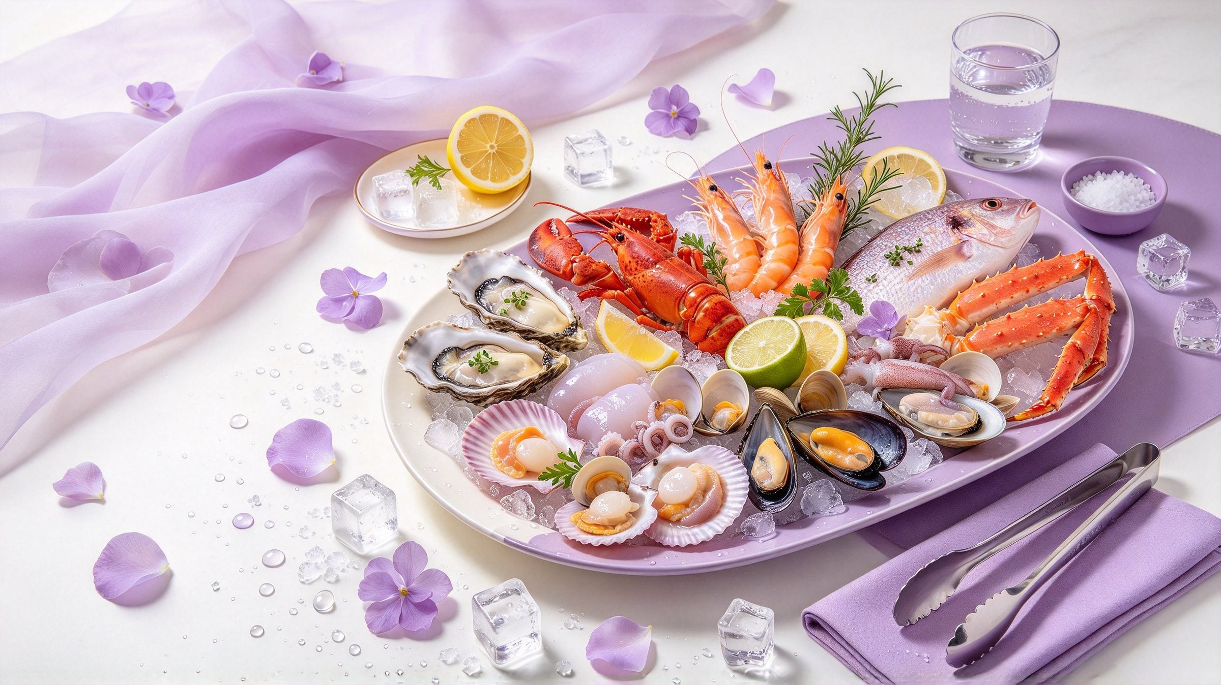 A platter of lobster, tiger prawns, oysters, mussels and a whole fish on ice